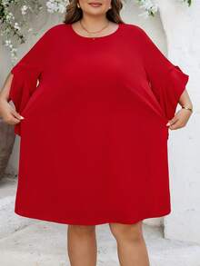 SHEIN CURVE+ Curve 尺码 US22 音乐节、海滨度假、波西米亚风 CURVE PLUS / / 女士圆领蝙蝠袖红色 A 字及膝中袖通勤春夏轻薄连衣裙 - 紅色 - 查看 11