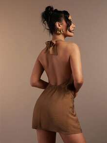 Hauture 女士露背深V领褶皱细节性感职业装连衣裙 - 咖啡 - 查看 2