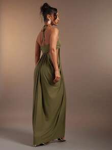 Hauture Olive Green Bandeau Cut Out Side Draped Gathered Side Halter Neck Maxi Dess - Army Green - View 2