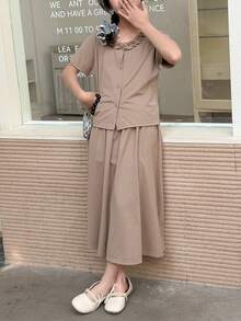 DAZY Tween Girls' Casual Solid Color Frill Trim Short Sleeve T-Shirt And Wide Leg Pants Set, Summer - Khaki - View 6