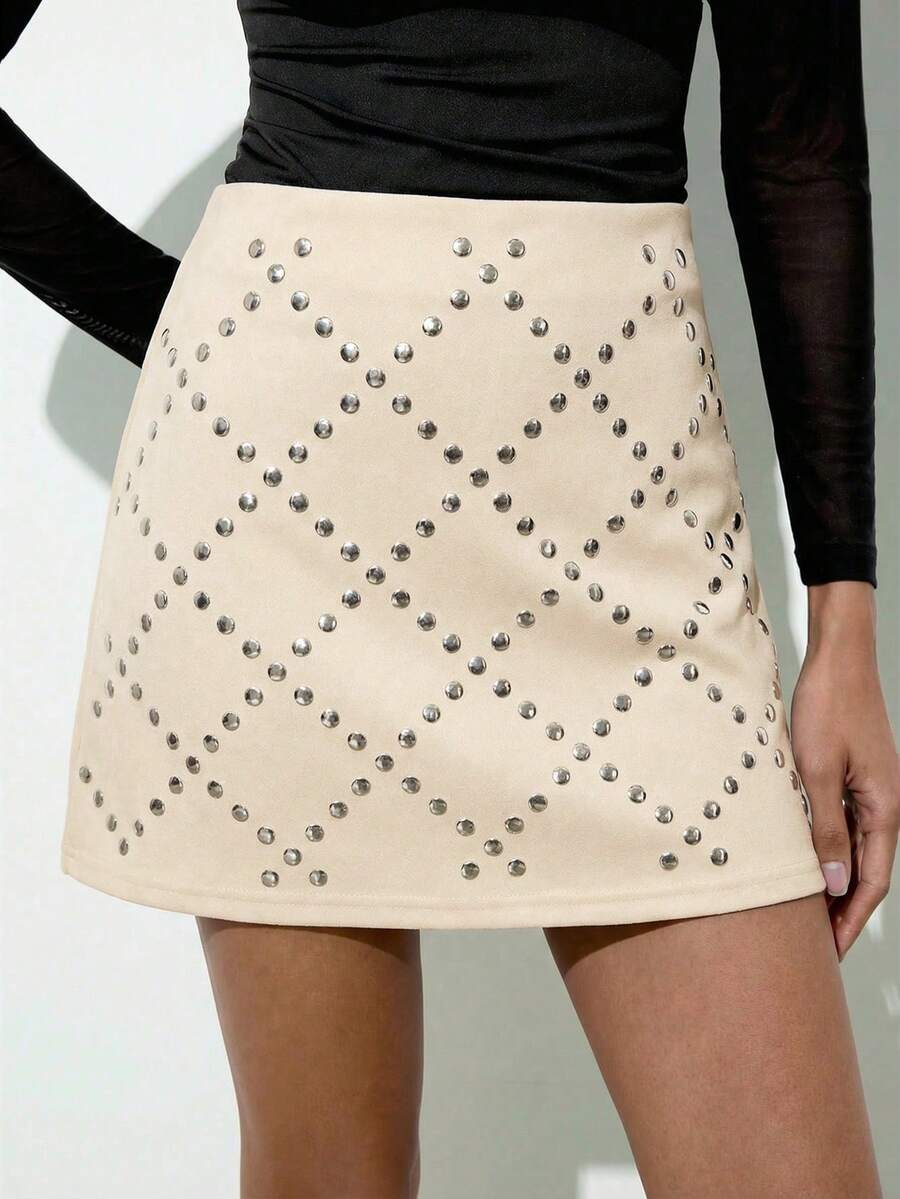 Maija Black Rhinestone Rhombus Pattern Skirt, Suitable For Urban Party And Gathering - Apricot - View 1