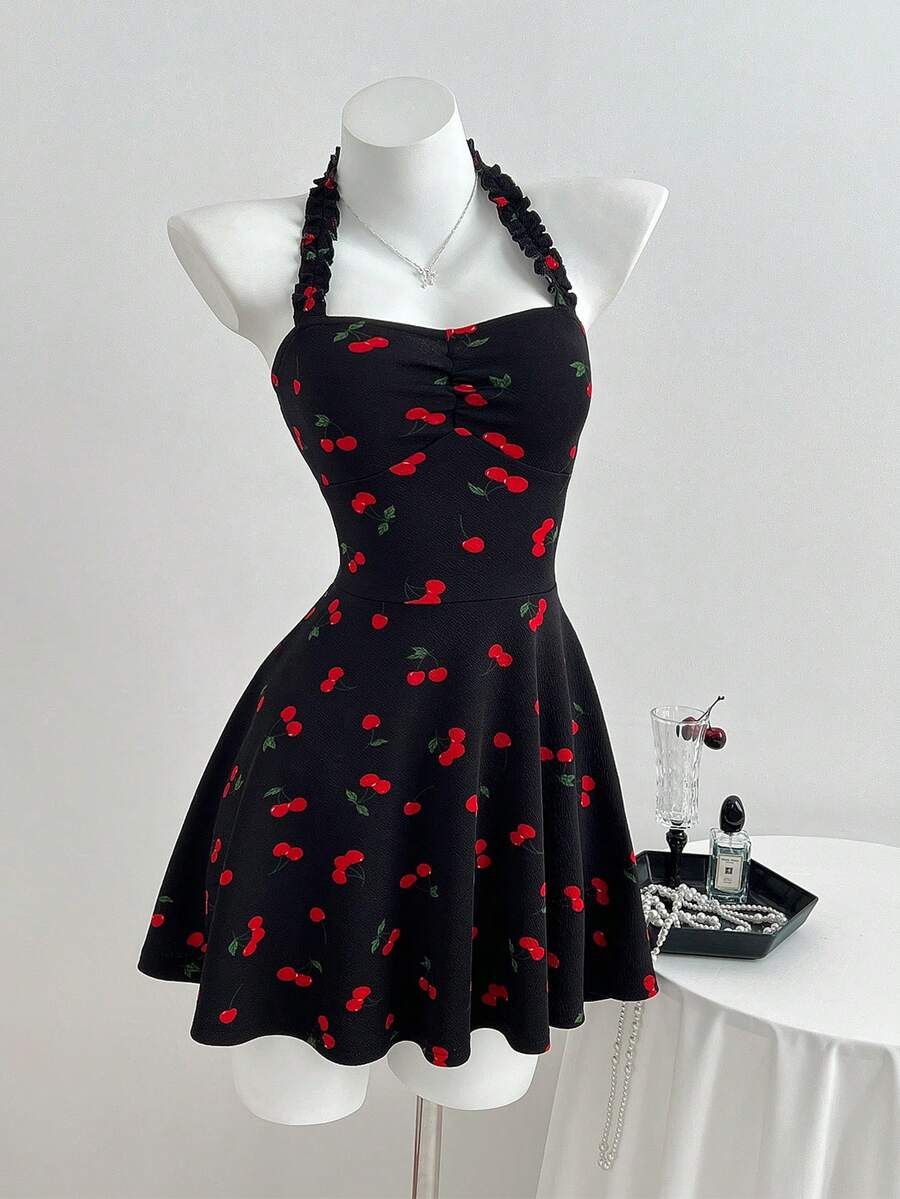 Elamini Black Base With Red Cherry Print Halter Backless Ruffle Strap Pleated Bust Sleeveless Dress - Multicolor - View 1