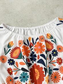 SHEIN Blouse droite à manches droites, taille froncée, imprimé floral, épaules dénudées, style décontracté pour femmes - Multicolore - Voir 7