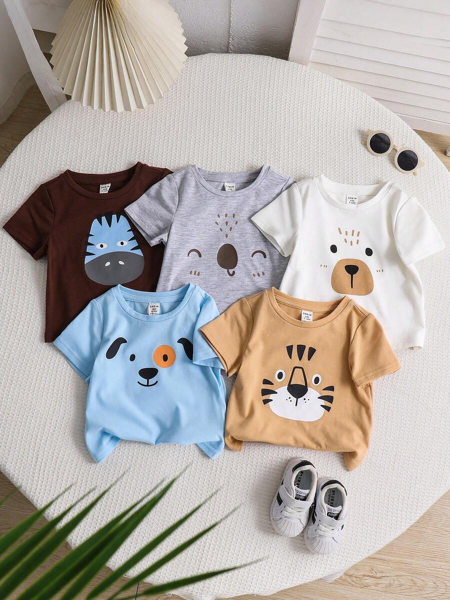 5件套男女宝宝休闲卡通熊狗动物印花柔软针织圆领短袖T恤，粉彩色系，适合春夏穿着，室内外皆可。 - 彩色 - 查看 1