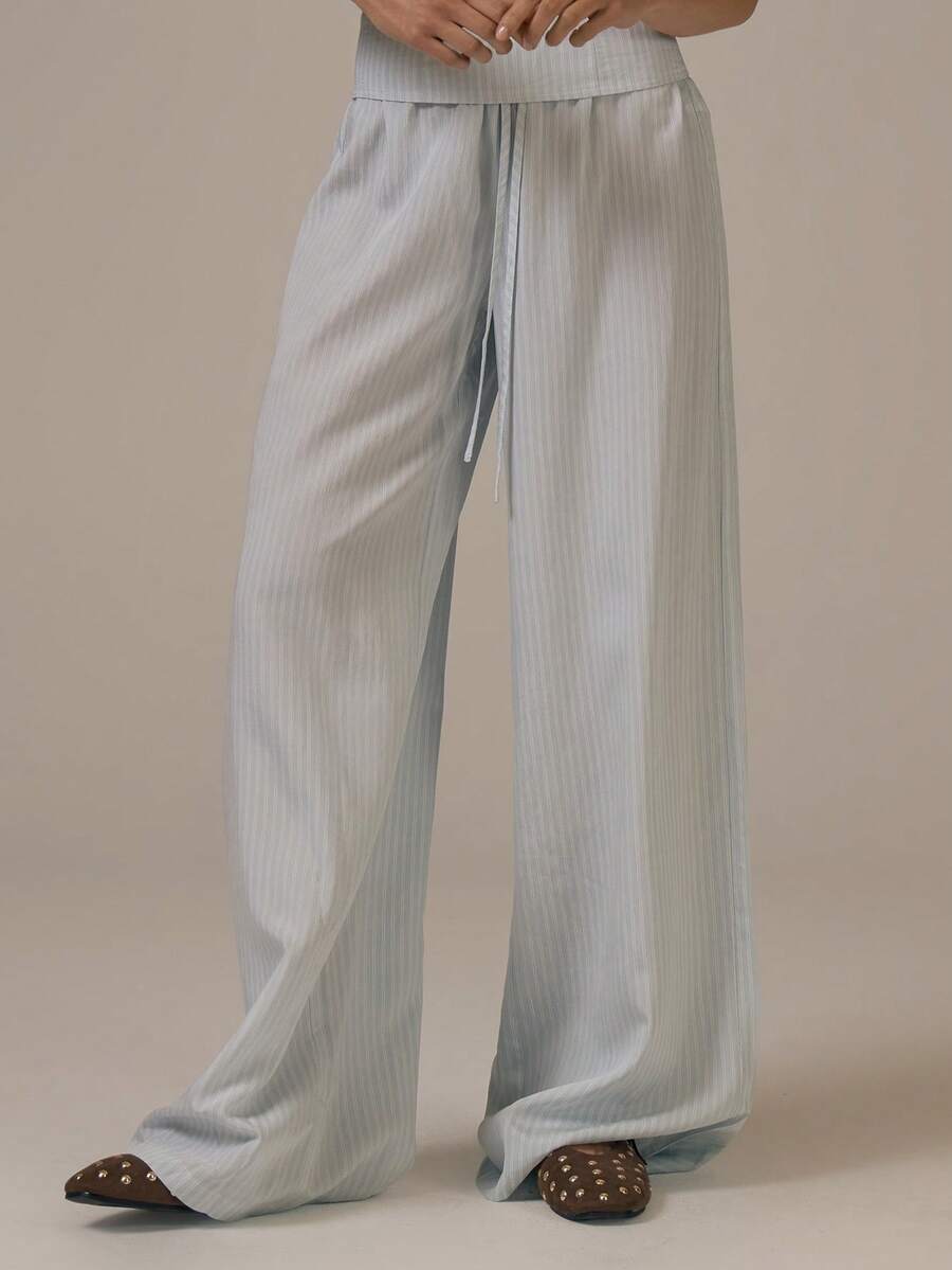MUSERA Stripe Tie Elasticated Waist Wide Leg Trousers Spring Summer Cute Cosy Cottage Core Spring Dew - Blue and White - View 1