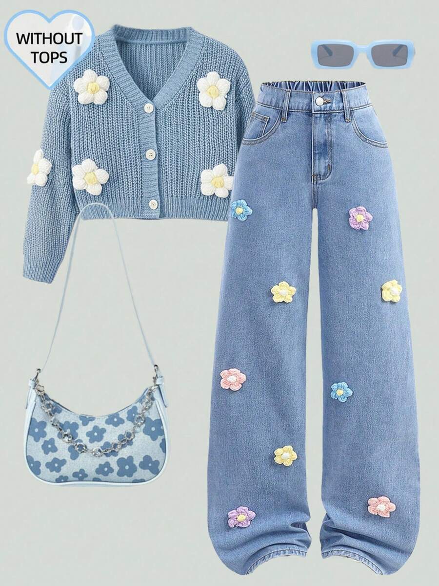 SHEIN Quần jeans ống đứng dáng rộng thời trang Y2K mùa xuân hè cho bé gái, họa tiết hoa 3D, quần jeans hoa, trang phục hoa, quần áo hoa cho bé gái, bộ váy denim, trang phục dự tiệc, phong cách Y2K, quần jeans rộng thùng thình đi học, đi nghỉ mát, đi biển, kỳ nghỉ, quần jeans oversized Y2K, quần jeans ống rộng cho bé gái mùa xuân hè - Rửa nhẹ - Xem 1