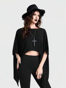 Breakform 女士哥特风纯色针织面料船领蝙蝠袖不对称下摆宽松短款上衣 - 黑色 - 查看 4