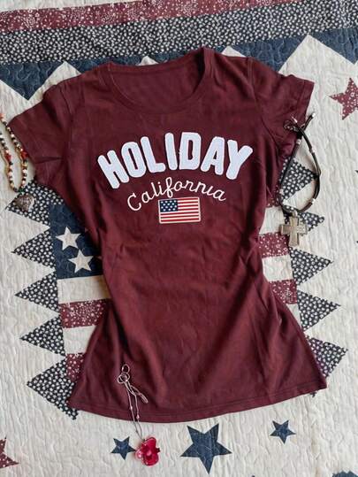 Glimmora Women's Summer Casual Slim Fit T-Shirt, Embroidered Design, Letter Print, Suitable For Daily Wear, Student, Commuting, Outdoor