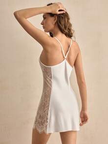 Charlaine French Elegant Women Contrast Lace Slip Dress - White - View 3
