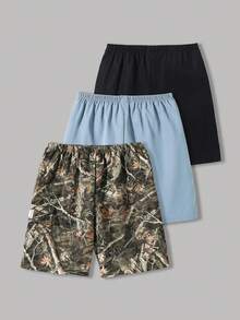3pcs/Set Kids Tween Boys Casual Loose Leaf Print Pattern Shorts, Black Shorts, Khaki Shorts, Camo Shorts, Cargo Pants, Y2K Style Outfit, Suitable For Spring/Summer, Outings, Valentine's Day, Dates, Travel, Vacations, Family Gatherings, Back To School, Weddings, Evenings, Sports, Birthday Parties - Multicolor - View 2