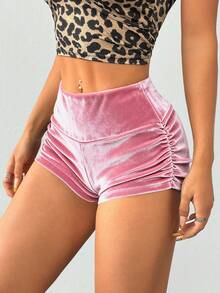 SHEIN EZwear Women's Solid Color Velvet Pleated Fashionable Versatile Vacation Party Bodycon Shorts Sexy Shorts For Women Booty Shorts For Women - Pink - View 5