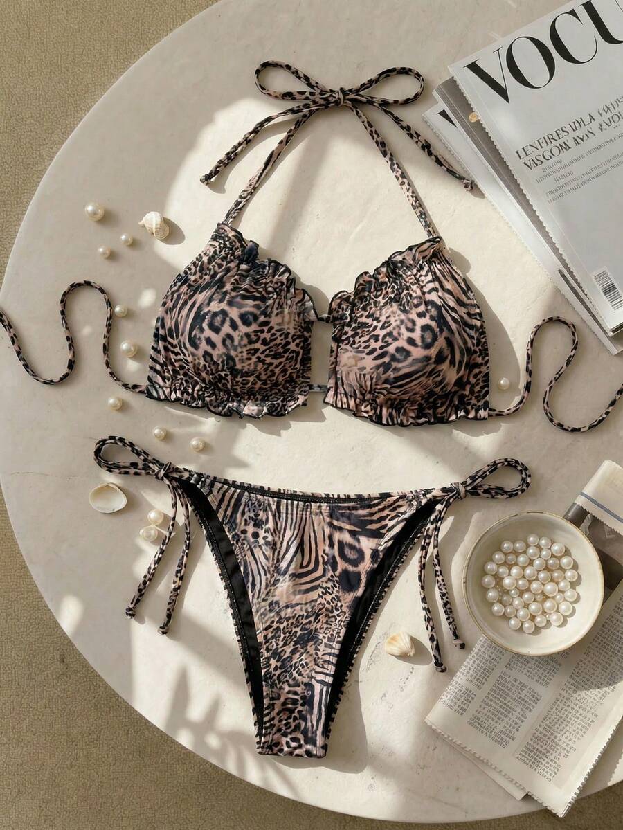 Swim SXY Bộ bikini cỡ lớn in họa tiết da báo, xếp nếp, kiểu yếm, xoắn phía trước. - Nhiều màu - Xem 1