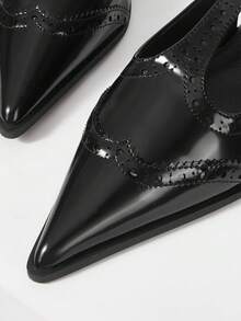 Mnmlis Black Patent Leather Brogues T-Strap Pointed Toe Stiletto Heel Sandals, French Retro Hollow Carved Closed Toe Backless Sandals, High-End Design Genuine Leather Metal Buckle Strap Women Shoes, Niche Luxury Commuter Versatile Dark Style Sandals Valentine's Day - Black - View 4