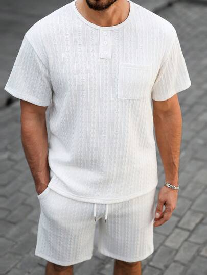 Manfinity CasualCool Men's Mature Casual INS Bestselling Short Sleeve T-Shirt, Suitable For Daily Wear And Outings,Men Old Money,Daily Leisure, Weekend Trips, Outdoor Activities, Travel Expeditions, Relaxed Work Environments Or Semi-Formal Occasions, Boyfriend/Husband Gift, Anniversary /Birthday Gift Party Summer Vacation Holiday,Wedding,Spring To Summer,Mardi Gras,Casual Men's Waffle Texture Button Placket Top And Matching Shorts Two Piece Set Summer Wear,Men Two Piece Set Summer,Mens 2 Piece Outfits White,Men's Co Ord Set,Casual Two Piece Set Men,Men 2 Piece Set Cotton