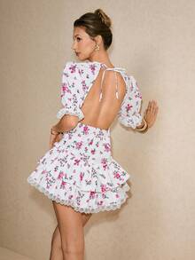 Poéselle Women's Floral Print White And Pink Summer Cottage Core Mini Dress,Puff Sleeve Backless Ruffle Hem Dress For Brunch,Wedding Guest Graduation Outfits - White - View 9