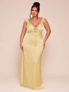 SHEIN BAE 大码女式系带修身优雅连衣裙，带荷叶袖 - 黃色 - 查看 4