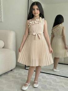 SHEIN Tween Girl Elegant Asymmetric Shoulder Ruched Ruffle Hem Ruched Loose A-Line Woven Solid Color Dress, Apricot, Spring/Summer - Apricot - View 2