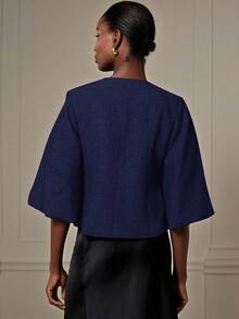 Aveloria Modichic Elegant French Retro Romantic Luxury High-End Design Herringbone Round Neck 3/4 Petal Sleeve Cinched Cinched Waist Metal Button Women's Blazer - Blue - View 6