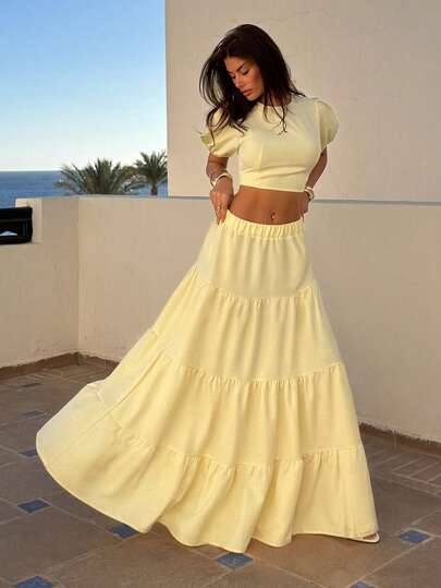 EURMUSE Elegant Puff Sleeve Two Pieces Set With Elastic Waist Skirt – Summer Women's Outfit