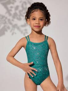 Young Girls Gymnastics Leotard, Professional Sports Gymnastics Dance High Stretch Breathable Green Sparkling Star Pattern Rhinestone Jumpsuit - Green - View 5