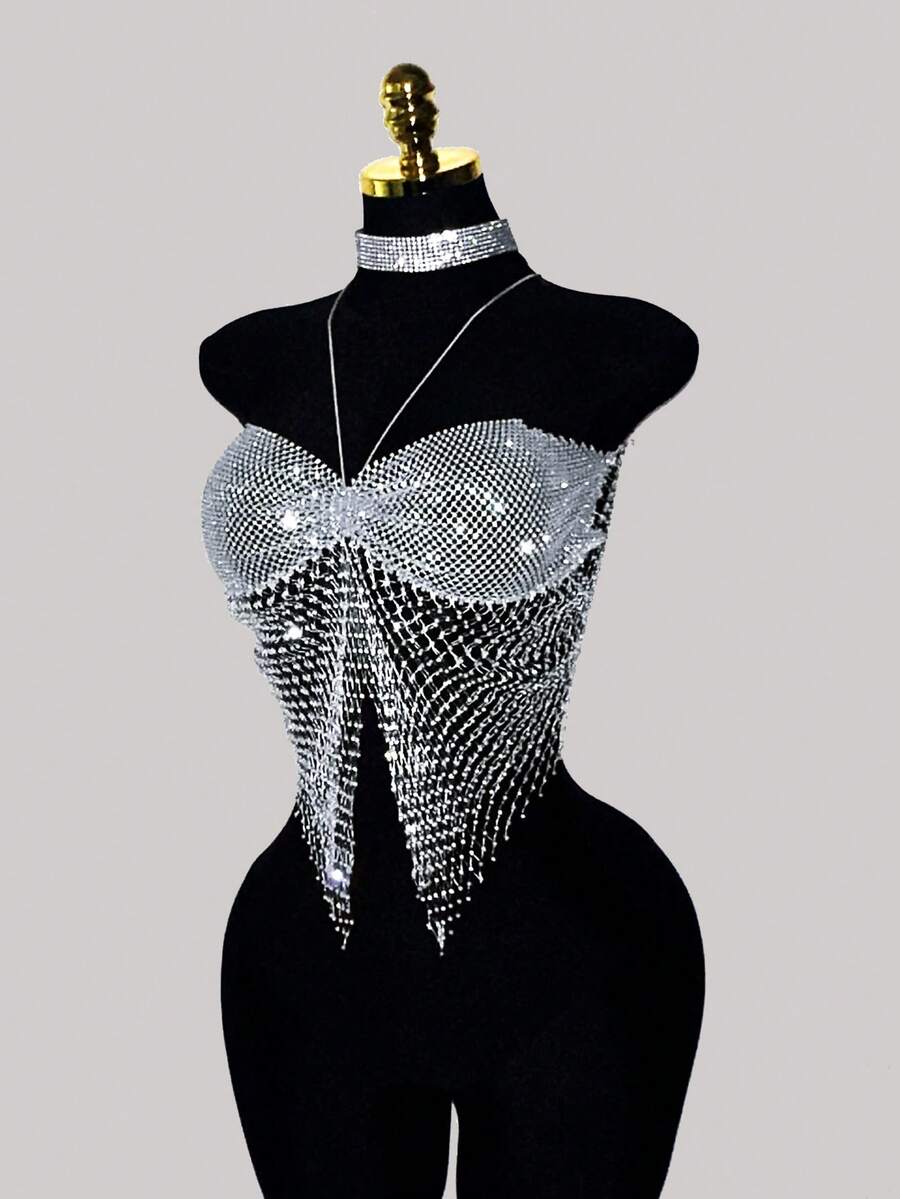 EgrlEra Tall Women's Rhinestone Fishnet Spaghetti Strap Camisole, Sexy Sheer Sparkly, Suitable For Holiday Party - Light Grey - View 1