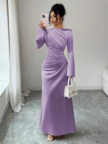 Rafferiza Đầm ôm dáng thanh lịch với thiết kế xếp ly phía trước, tay áo loe bằng vải satin, màu hồng nhạt, phù hợp cho tiệc tùng hoặc mặc hàng ngày, mùa thu/đông. - Màu tím hoa cà - Xem 3