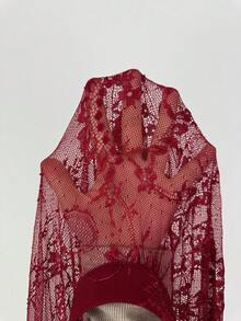 SHEIN Elenzya 新款春夏女士优雅长款红色连衣裙，适合情人节约会、派对、新年、日常聚会、婚礼、伴娘等场合，蕾丝拼接连衣裙 - 酒紅色 - 查看 5