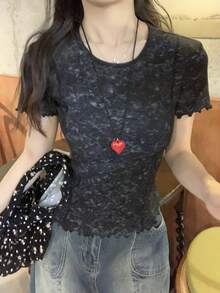 DAZY Women's Casual Distressed Washed Round Neck T-Shirt, Spring/Summer - Black - View 5