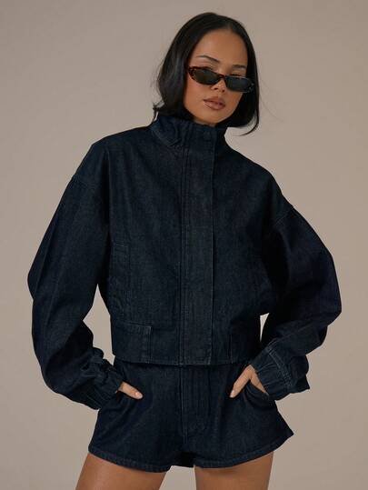 MUSERA Denim High Neck Balloon Sleeve Zip Through Jacket Spring Summer Cute Cosy Cottage Core Spring Dew