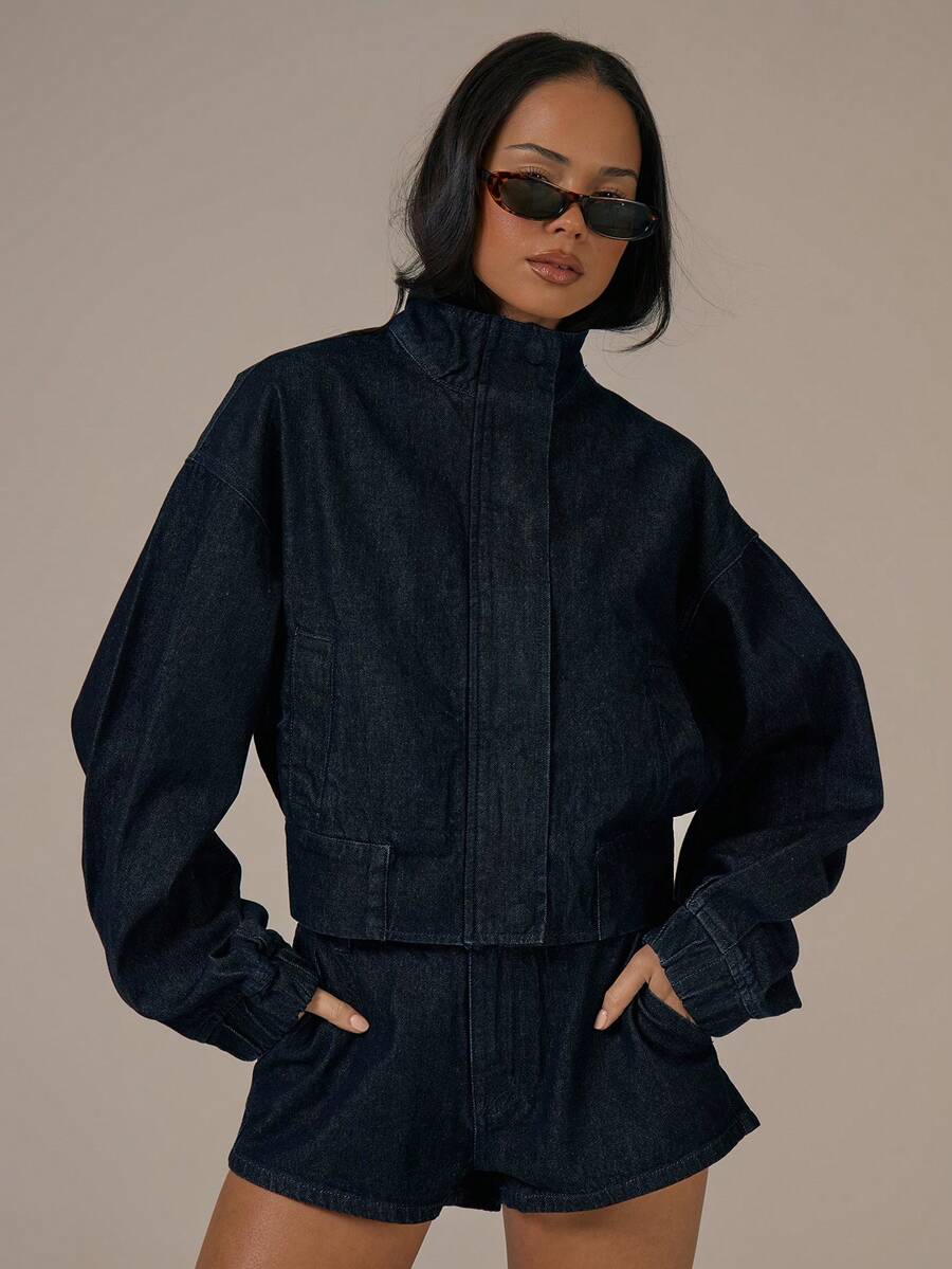 MUSERA Áo khoác denim cổ cao tay phồng có khóa kéo, phong cách mùa xuân hè dễ thương ấm áp kiểu nhà tranh, giọt sương mai mùa xuân. - Rửa tối - Xem 1