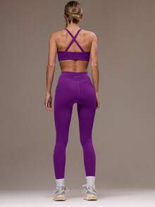 Musera Sport 女士交叉露背上衣和紧身裤运动套装，适合健身房锻炼 - 紫羅蘭色 - 查看 2
