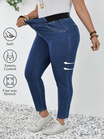 SHEIN Tall CURVE Spring To Summer Plus Size Fall Autumn Back To School Homecoming Halloween Y2k Cute Streetwear Goth Grunge Coquette Techno Outfit Birthday Outfit Night Out Going Out Club Outfit Airport Outfit Business Casual Woman Country Vintage Modest Old Money Business Casual Woman Work Clothes Teacher Outfits For Women Church Outfits WomenSolid Color Casual Blue Jeans Elastic Waist Jeans High Stretch Jeans