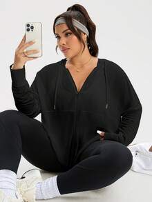 Rhythm Era Plus Size Women's Solid Color Drop Shoulder Long Sleeve Zipper Front Drawstring Hooded Sports Jacket - Black - View 5