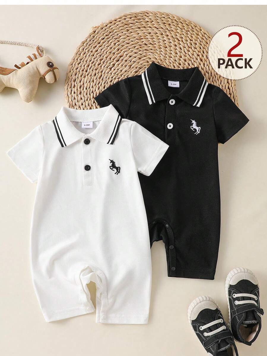 SHEIN 2件套 婴儿幼儿男女通用 0-3岁 可爱恐龙针织短袖连体衣，基础款连体裤套装，春夏款 - 彩色 - 查看 1