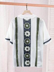 Manfinity CityGents Men's Summer Vacation Floral Pointelle Knit Button-Up Cardigan - White - View 2