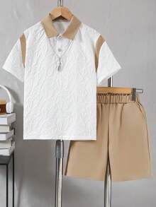 Mirajuku 2 pezzi Set di polo a trama e pantaloncini in tessuto cachi per ragazzi pre-adolescenti, outfit casual per attività all'aperto estive - Cachi - Visualizzare 3