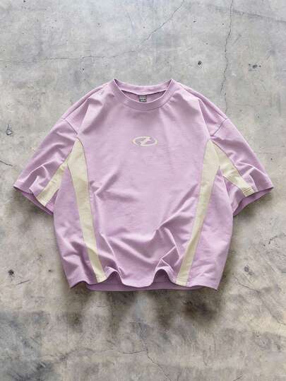 AXEPEAK Men's Knitted Casual Loose Short Sleeve Patchwork T-Shirt