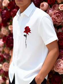 Manfinity Homme 男士玫瑰情人節襯衫，花卉印花短袖單排扣休閒襯衫，白色與紅色夏季度假襯衫 - 彩色 - 查看 3