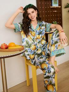 Chillnights 时尚夏季柠檬假日图案缎面短袖睡衣套装，可爱柔软的女士睡衣 - 彩色 - 查看 1