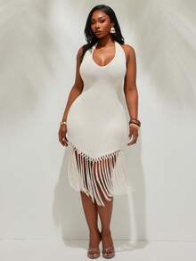 Radiana Plus Size Women's Spring/Summer Boho Apricot Crochet Tasseled Hem Flowy Dress, Holiday/Beach Outfit White Fringe Dress Tassel Dress White Mesh Dress,Boho Clothes Women Crochet Cover Up Dress Summer Dress Fringe Cover Up Dress, Summer Dresses Sexy Beach Dress Swimsuit Cover Up Bikini Cover Up Dress Swimsuit Cover Up Dress - Apricot - View 10