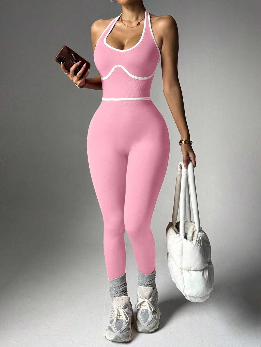 Gameset SHEIN Sport 女士露背吊带休闲日常瑜伽健身运动连体裤 - 粉色 - 查看 1