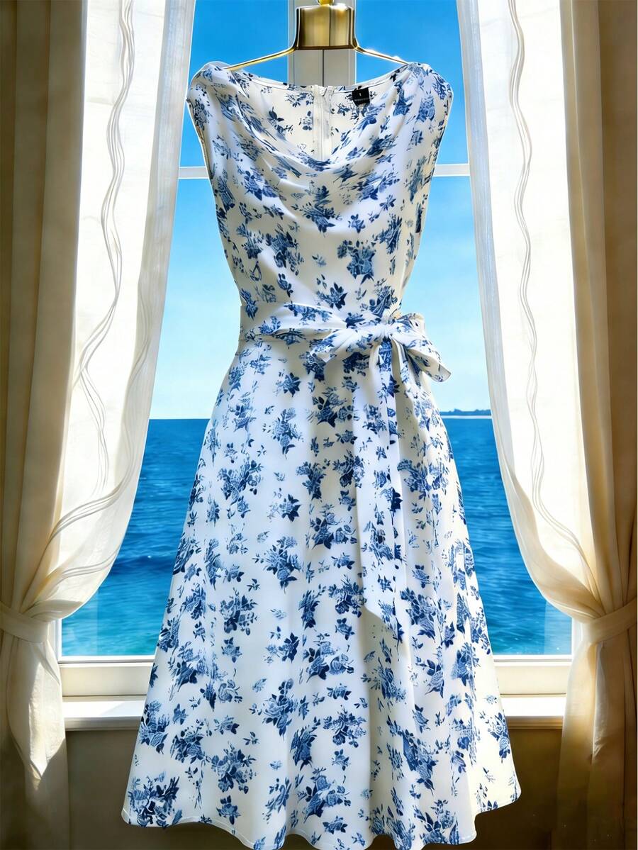 GlowEve A Mid-Length Summer Dress With Woven Prints For Women - Blue - View 1
