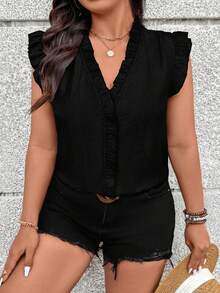 EMERY ROSE Blusa de mujer talla grande de verano, casual, para vacaciones y uso diario, con cuello en V y volantes, de color liso - Negro - Ver 4