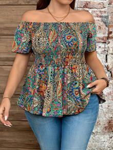 SHEIN PETITE CURVE 大码女式休闲褶皱露肩短袖腰果印花衬衫 - 彩色 - 查看 3