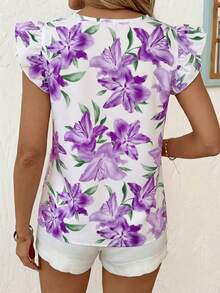 SHEIN Clasi 女士印花V领荷叶边下摆休闲衬衫 - 紫色 - 查看 2