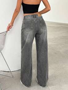 SHEIN Tall Women's Pocket Loose Wide Leg Casual Versatile Jeans - Grey - View 2