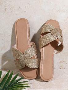 Hauture Metallic Woven Dual Cut Out Flat Slide Sandals Spring Shoes Spring Break Easter Vacation Shoes Casual Shoes Beach Shoes Mother's Day Present For Christmas Valentine's Day - Gold - View 3