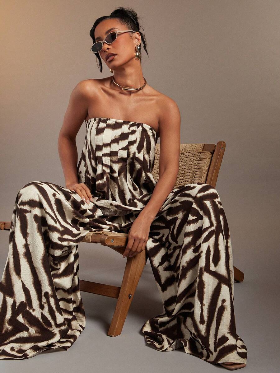 Hauture 女士抽象印花褶裥阔腿宽松休闲长裤 - 咖啡棕 - 查看 1