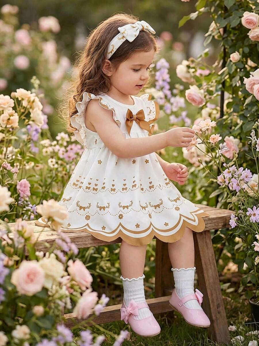 SHEIN Infant/Baby GirlWhite Fabric Round Neck Dress With Brown Satin Bow, Ruffle Sleeves, Foot Print & Heart Embroidery, Fresh & Sweet Pastoral Style, Lightweight For Summer - Multicolor - View 1