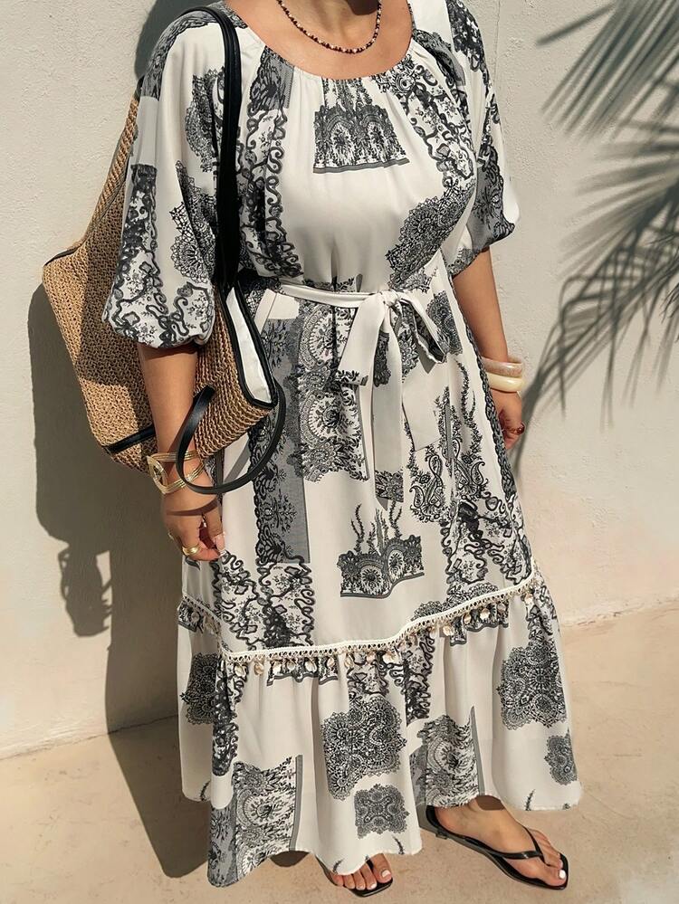 Dazy Plus Floral Print Loose Vacation Style Drawstring Round Neck Maxi Dress, Plus Size For Women, Spring/Summer Boho